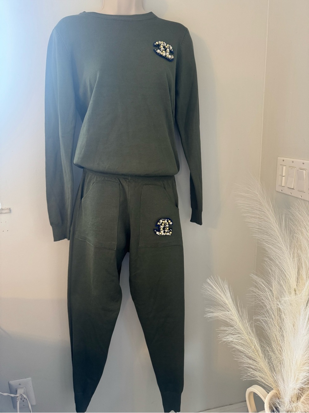 Embellished Olive Green Sweatshirt & Jogger Set
